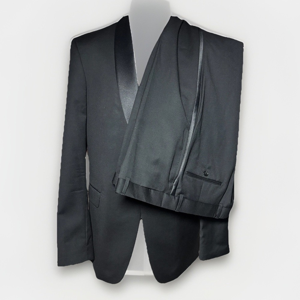 Tuxedo‎ Suit Tommy Hilfiger Black Pure 100% Wool Shawl Collar 42L W36x35 MINT